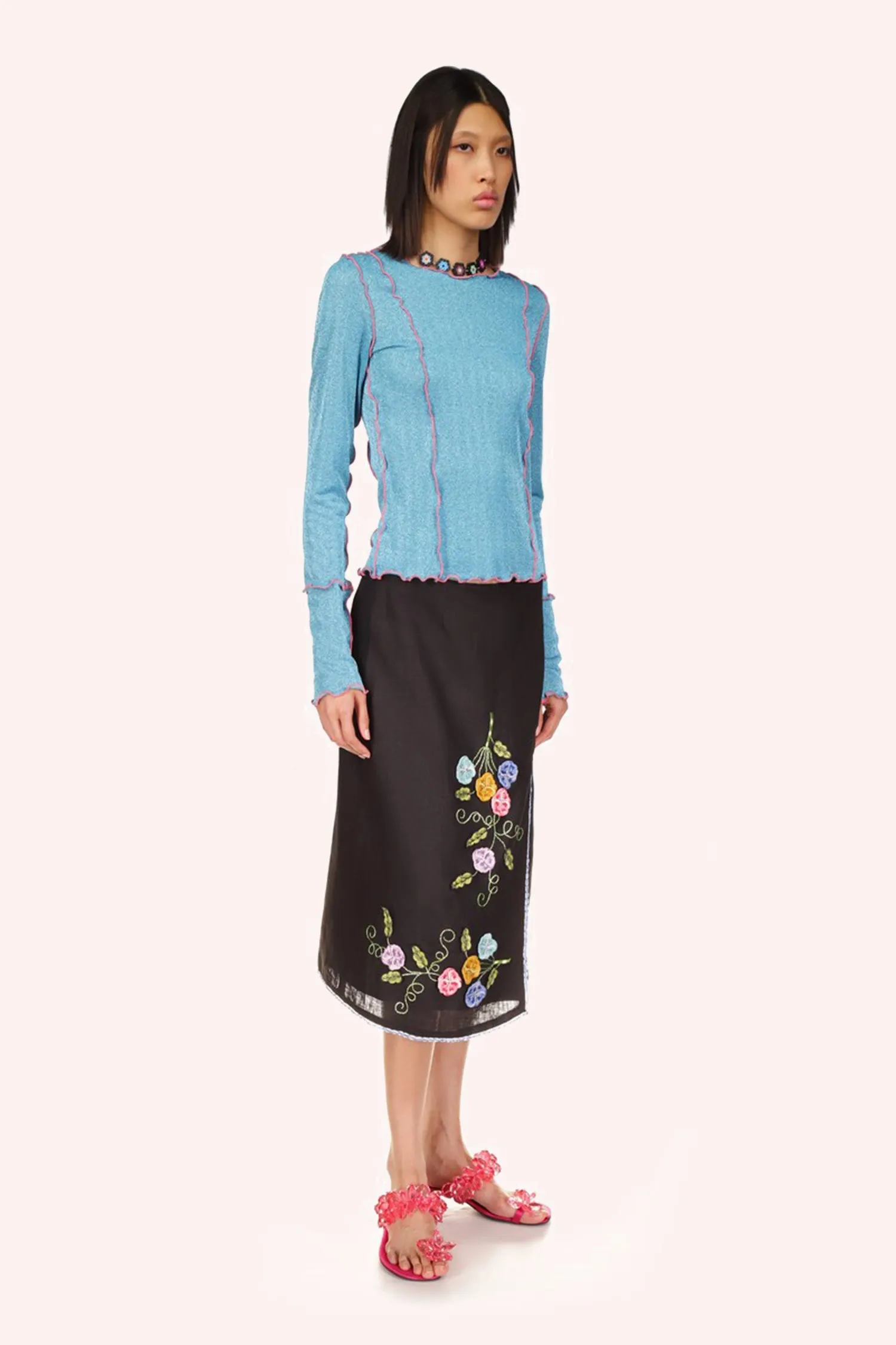 3-D Pansy Embroidered on Linen Skirt