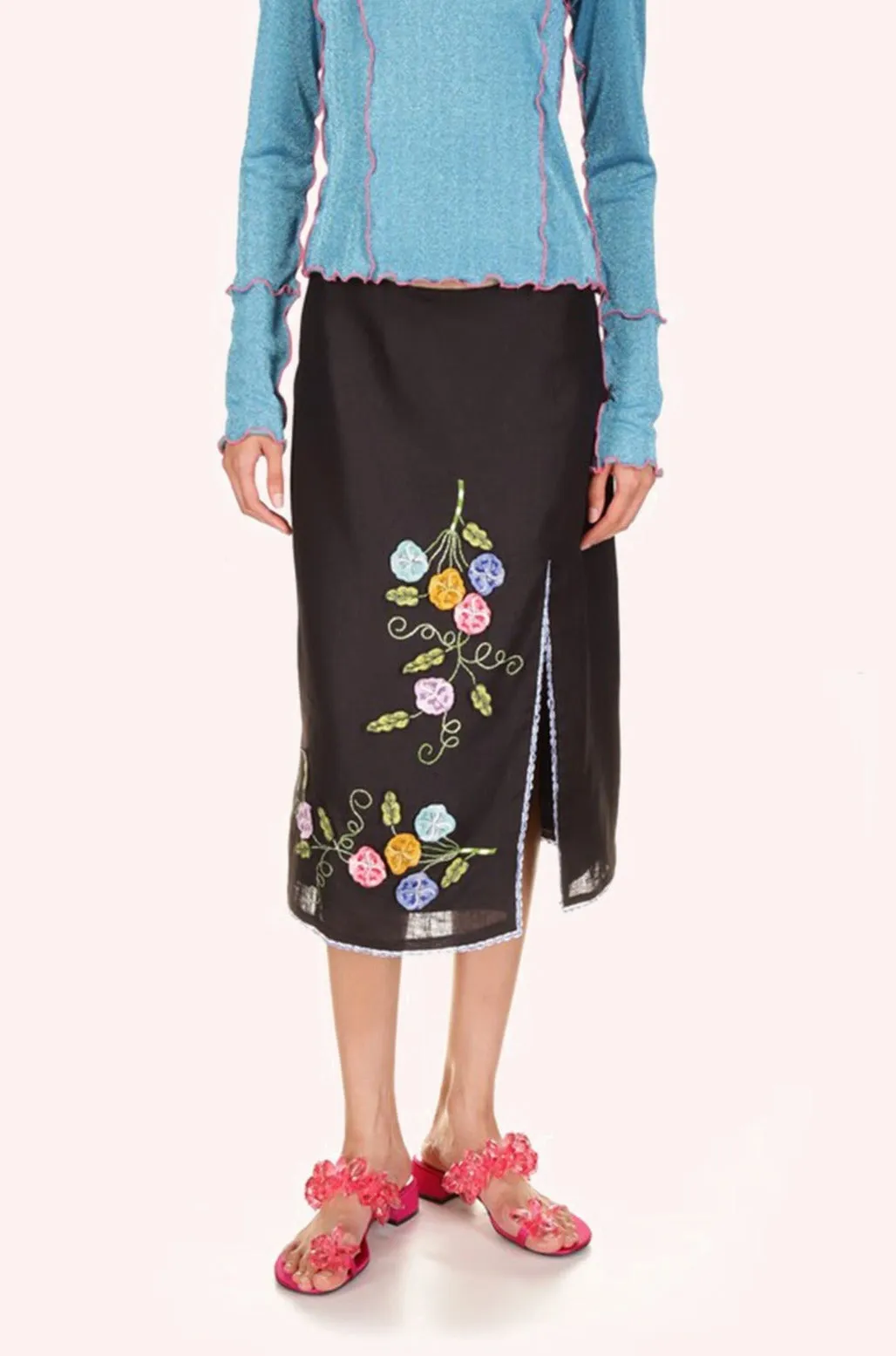 3-D Pansy Embroidered on Linen Skirt
