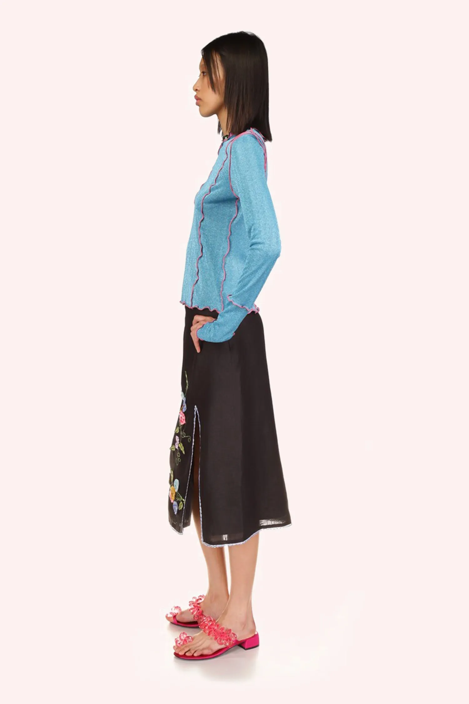 3-D Pansy Embroidered on Linen Skirt