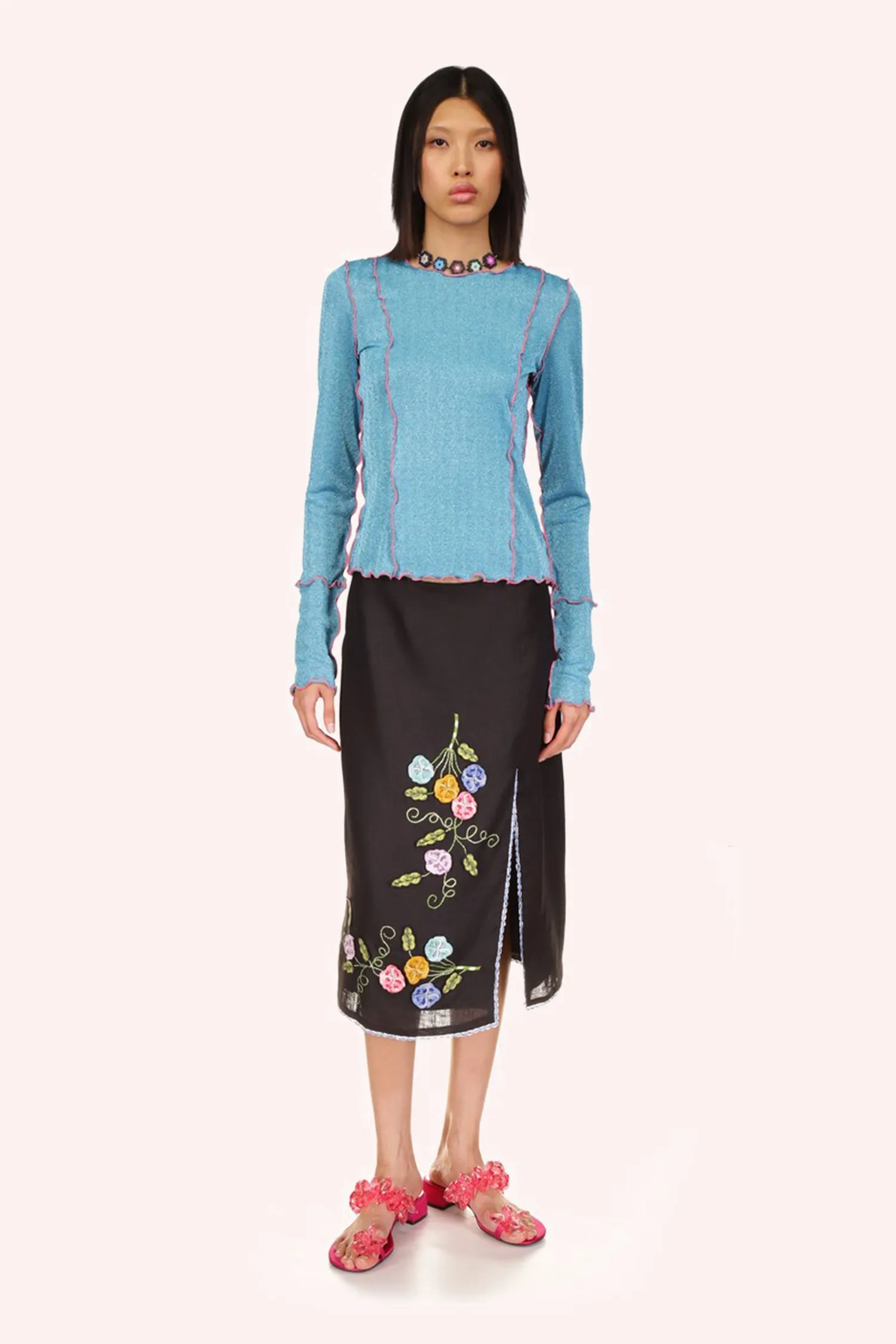 3-D Pansy Embroidered on Linen Skirt