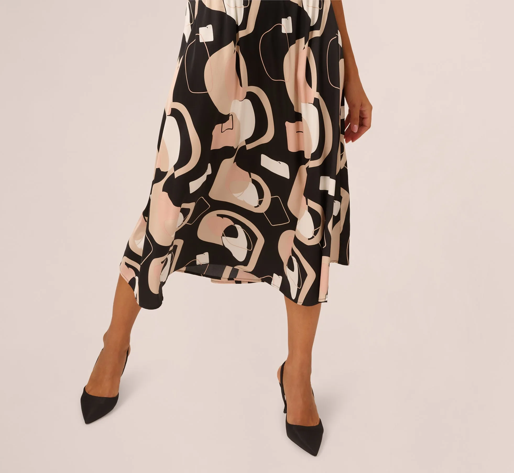Abstract Print A Line Satin Midi Skirt In Black Modern Art