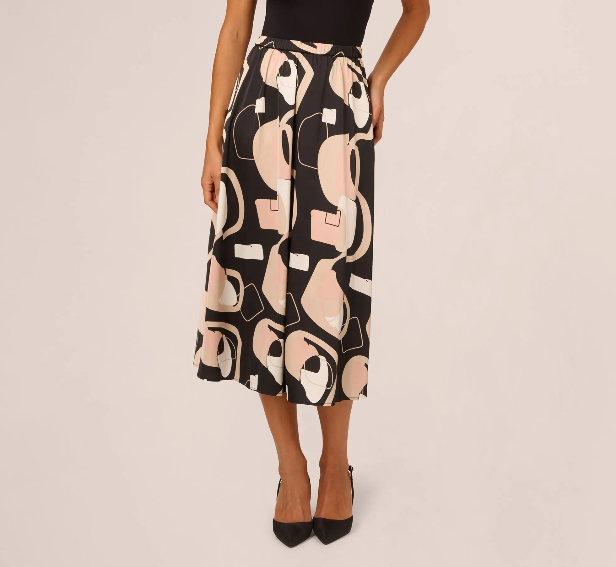 Abstract Print A Line Satin Midi Skirt In Black Modern Art