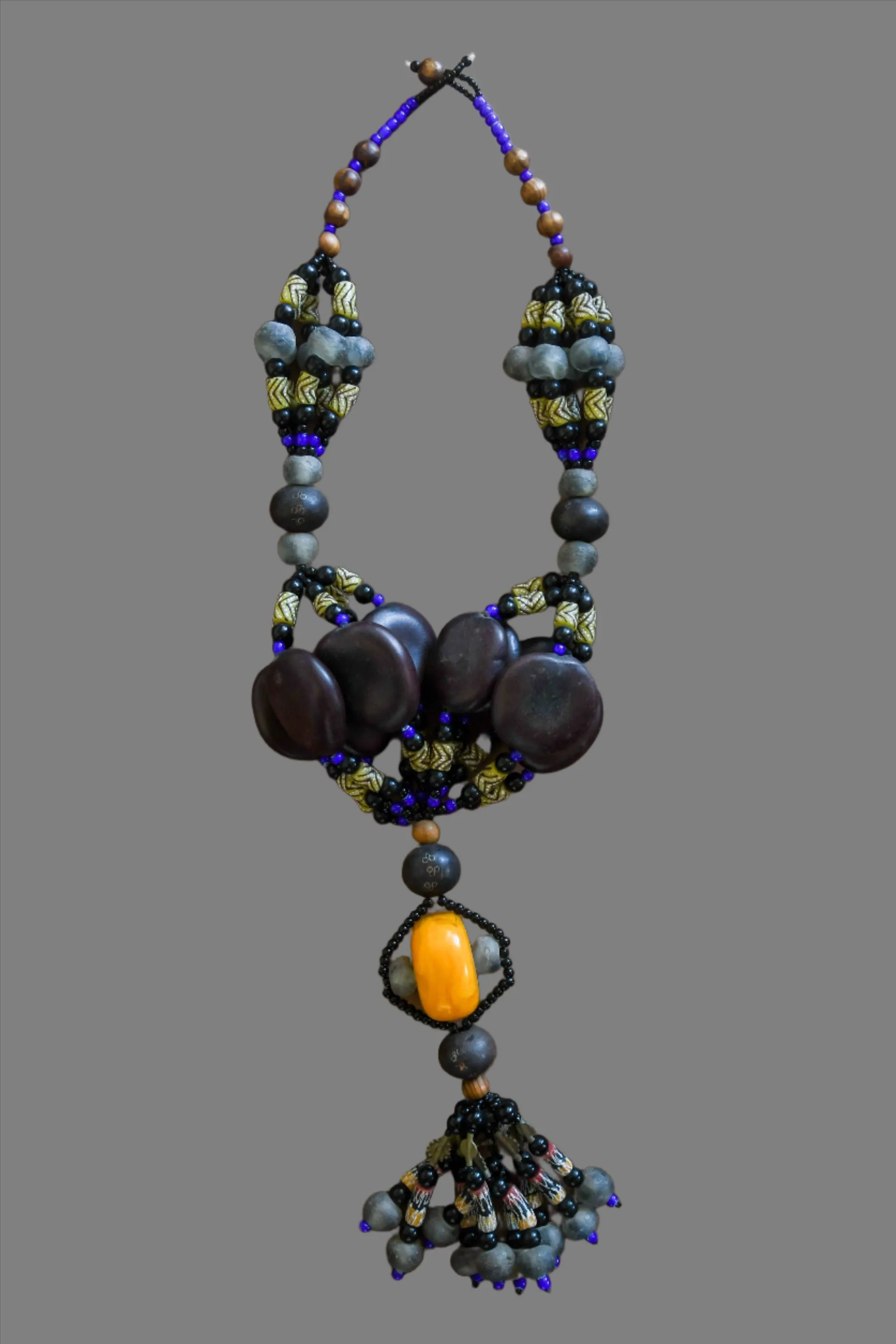 African Trade Beads, Carved Resin Tribal Necklace