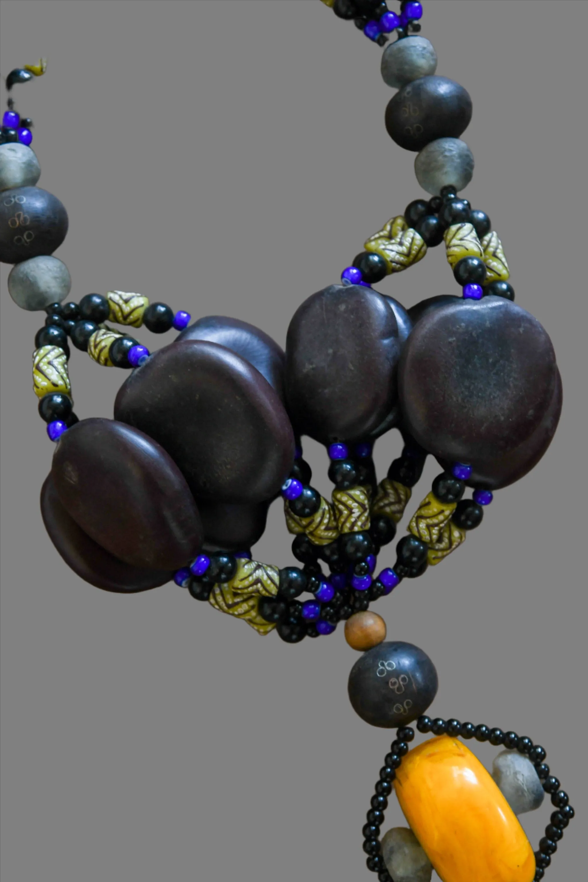 African Trade Beads, Carved Resin Tribal Necklace