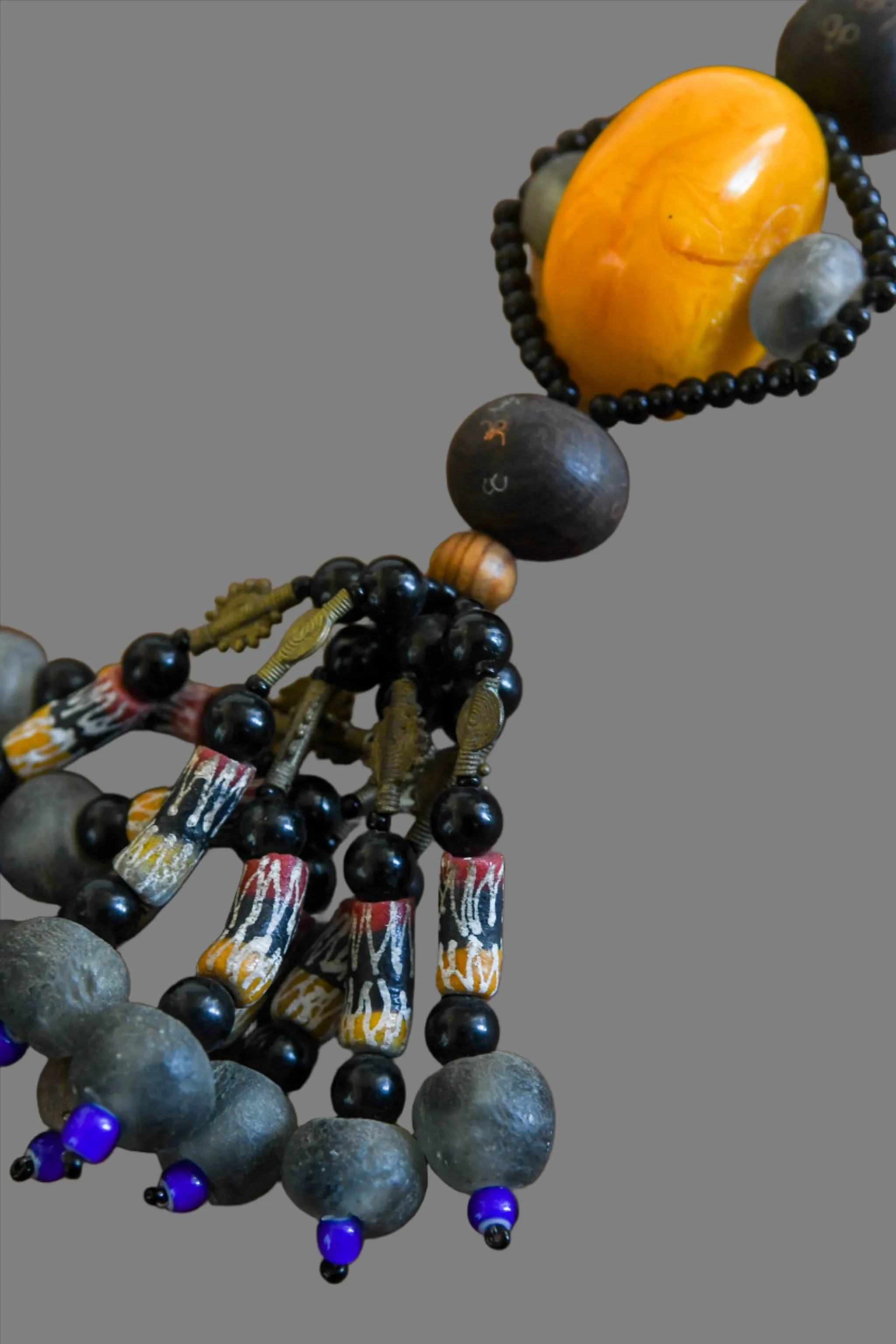 African Trade Beads, Carved Resin Tribal Necklace