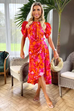 AX PARIS PINK AND ORANGE FLORAL PRINTED SHORT PUFF SLEEVE GATHERED MIDI DRESS