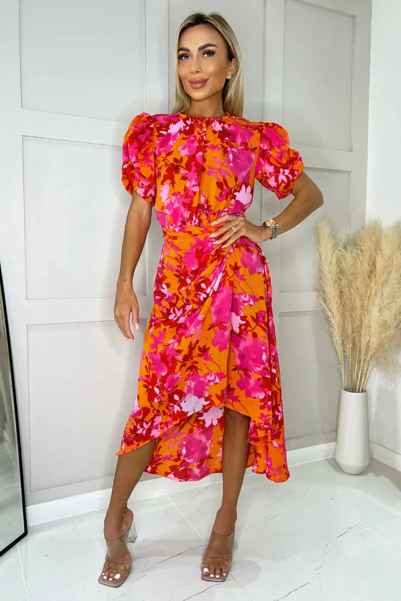 AX PARIS PINK AND ORANGE FLORAL PRINTED SHORT PUFF SLEEVE GATHERED MIDI DRESS