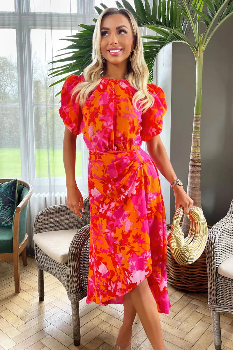 AX PARIS PINK AND ORANGE FLORAL PRINTED SHORT PUFF SLEEVE GATHERED MIDI DRESS