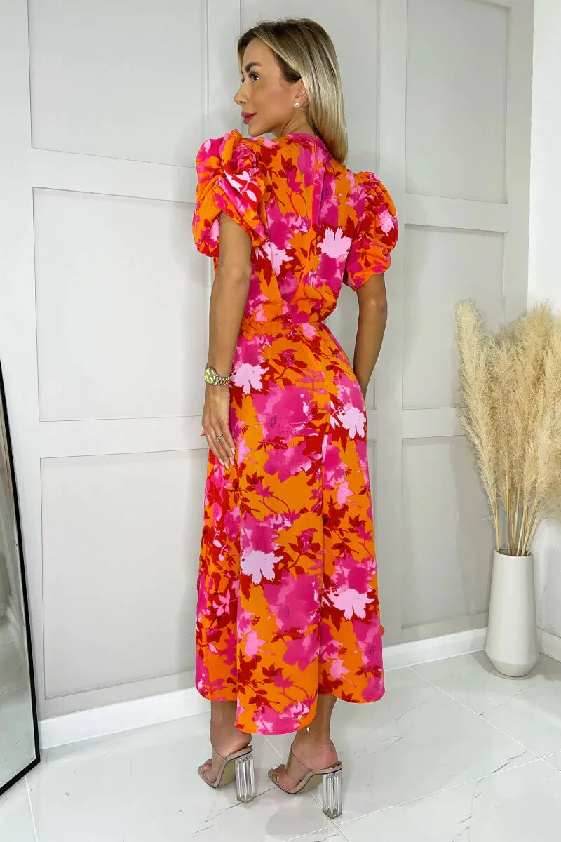 AX PARIS PINK AND ORANGE FLORAL PRINTED SHORT PUFF SLEEVE GATHERED MIDI DRESS