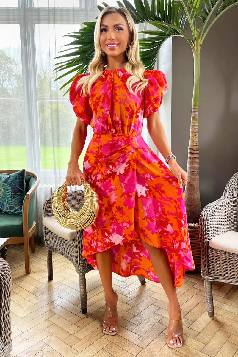 AX PARIS PINK AND ORANGE FLORAL PRINTED SHORT PUFF SLEEVE GATHERED MIDI DRESS