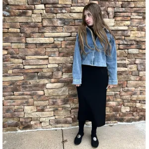 Black Microribbed Straight Midi Skirt