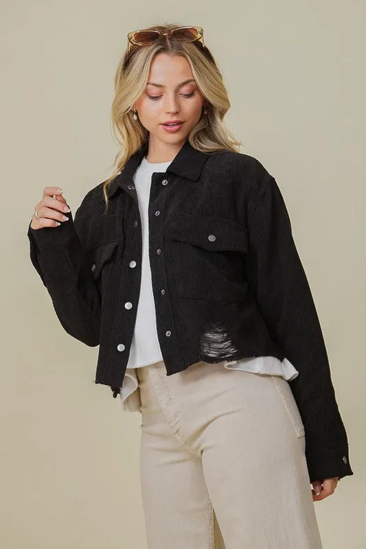 Black Zoey Distressed Corduroy Distressed Jacket