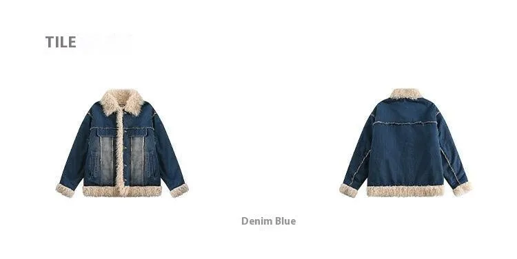 Blue Denim Fur Collar Coat Women's Retro Cotton