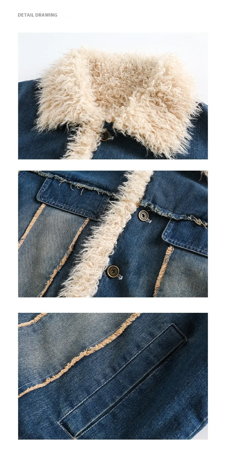 Blue Denim Fur Collar Coat Women's Retro Cotton
