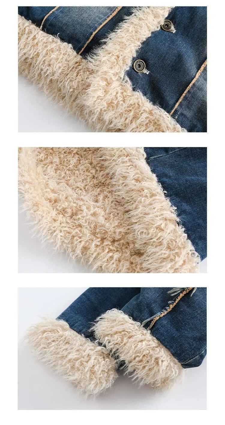 Blue Denim Fur Collar Coat Women's Retro Cotton