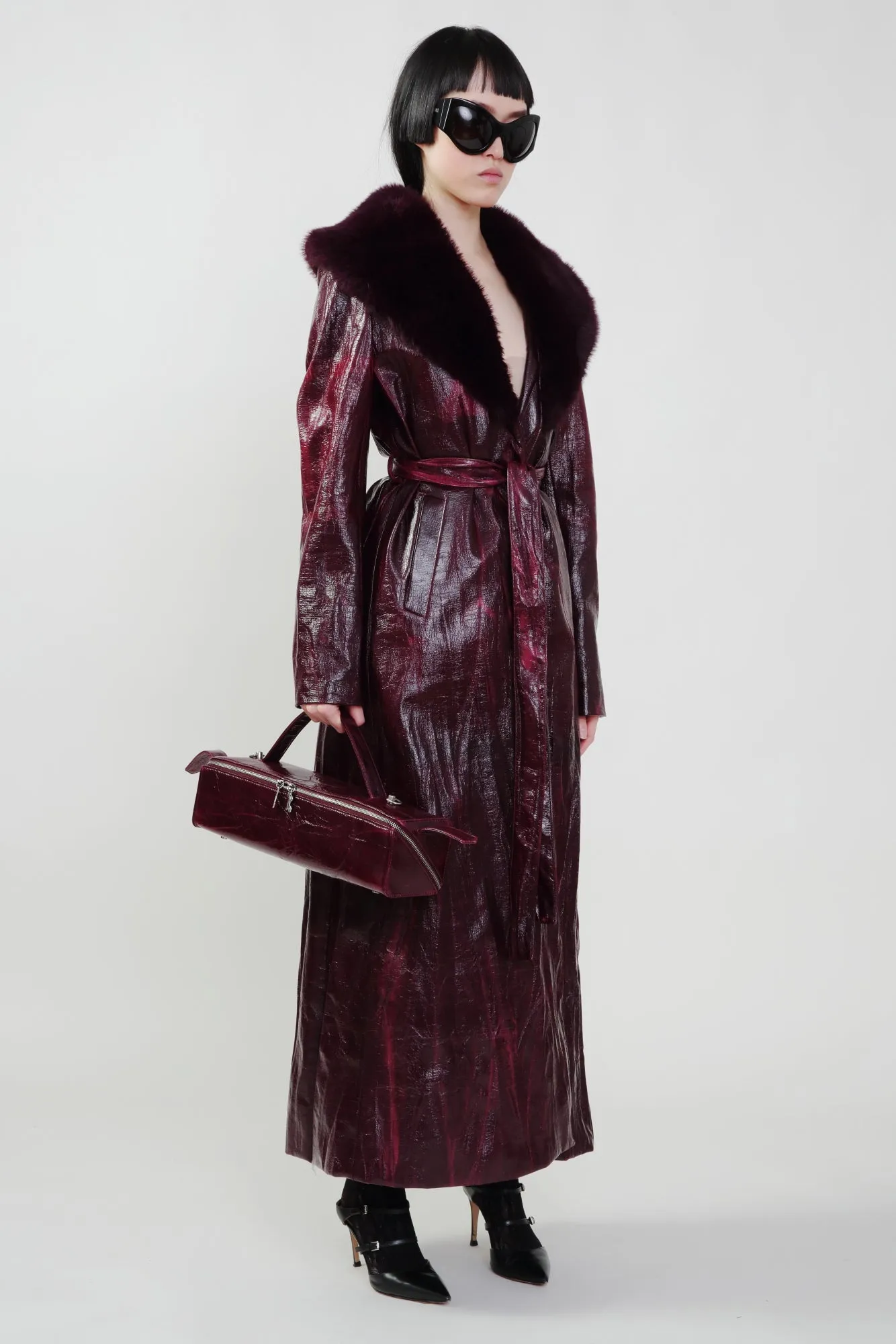 Bordeaux Faux Fur Collar Coat