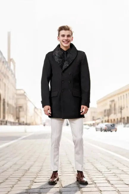 Brewer Mens Black Fur Collar Wool Coat