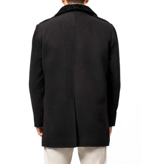 Brewer Mens Black Fur Collar Wool Coat