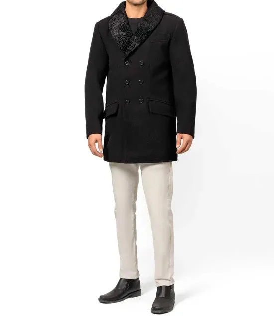 Brewer Mens Black Fur Collar Wool Coat