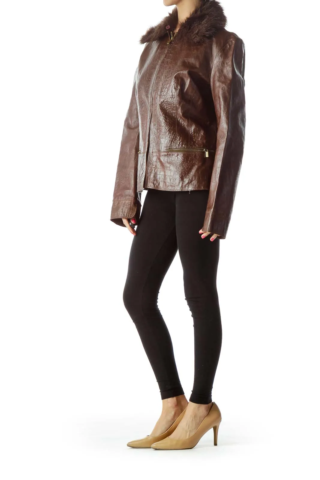 Brown Faux-Fur Collar Leather Jacket