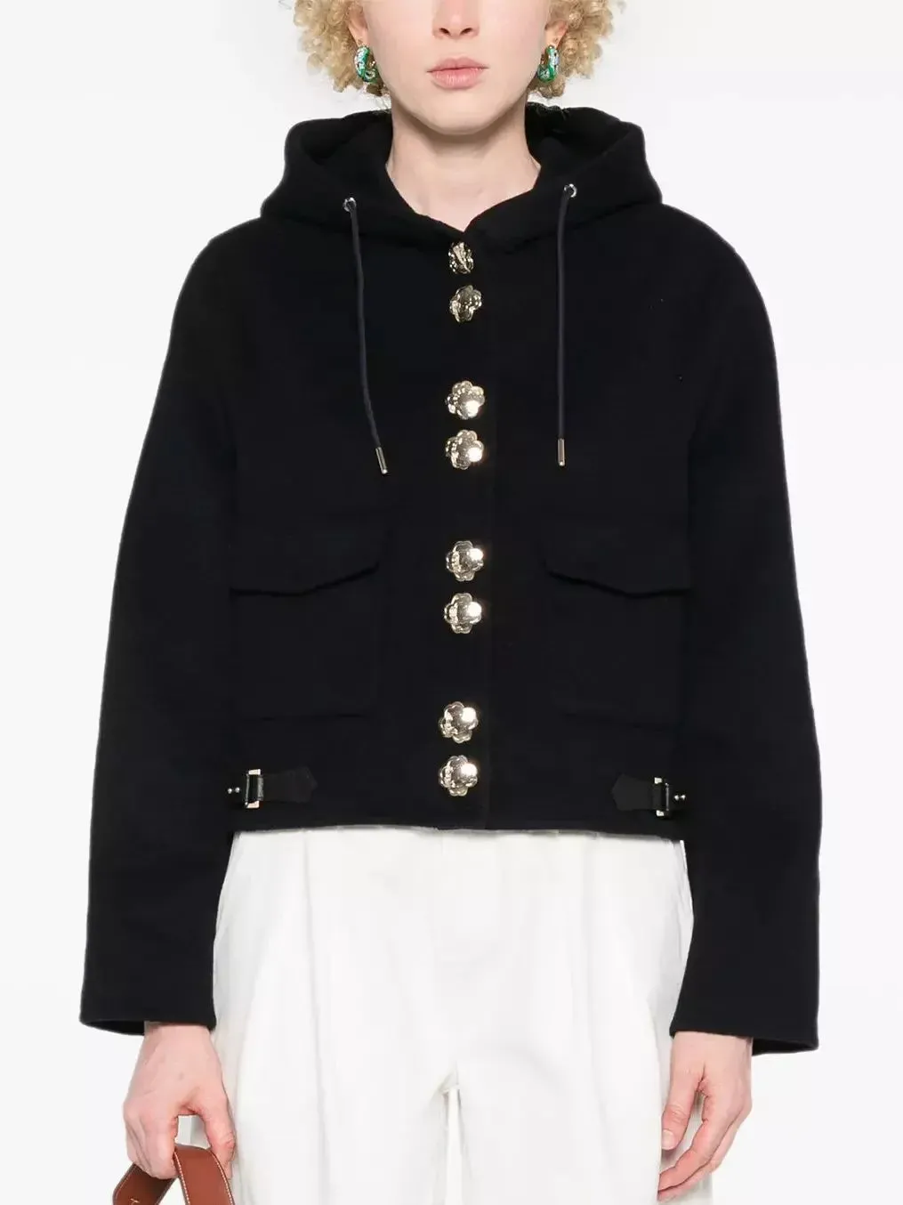 Buckled Cropped Hooded Jacket with Gold Buttons