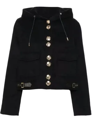 Buckled Cropped Hooded Jacket with Gold Buttons