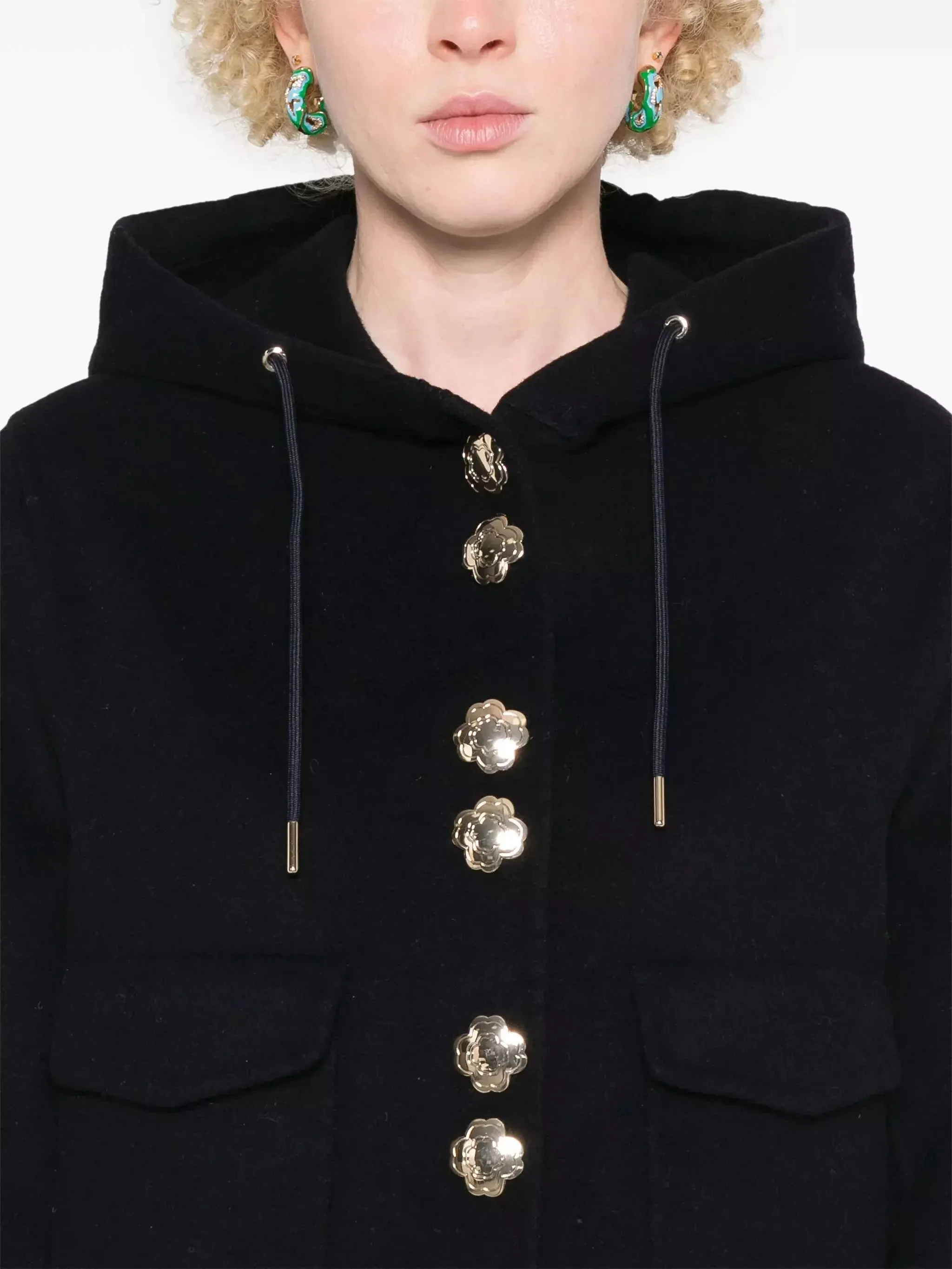 Buckled Cropped Hooded Jacket with Gold Buttons
