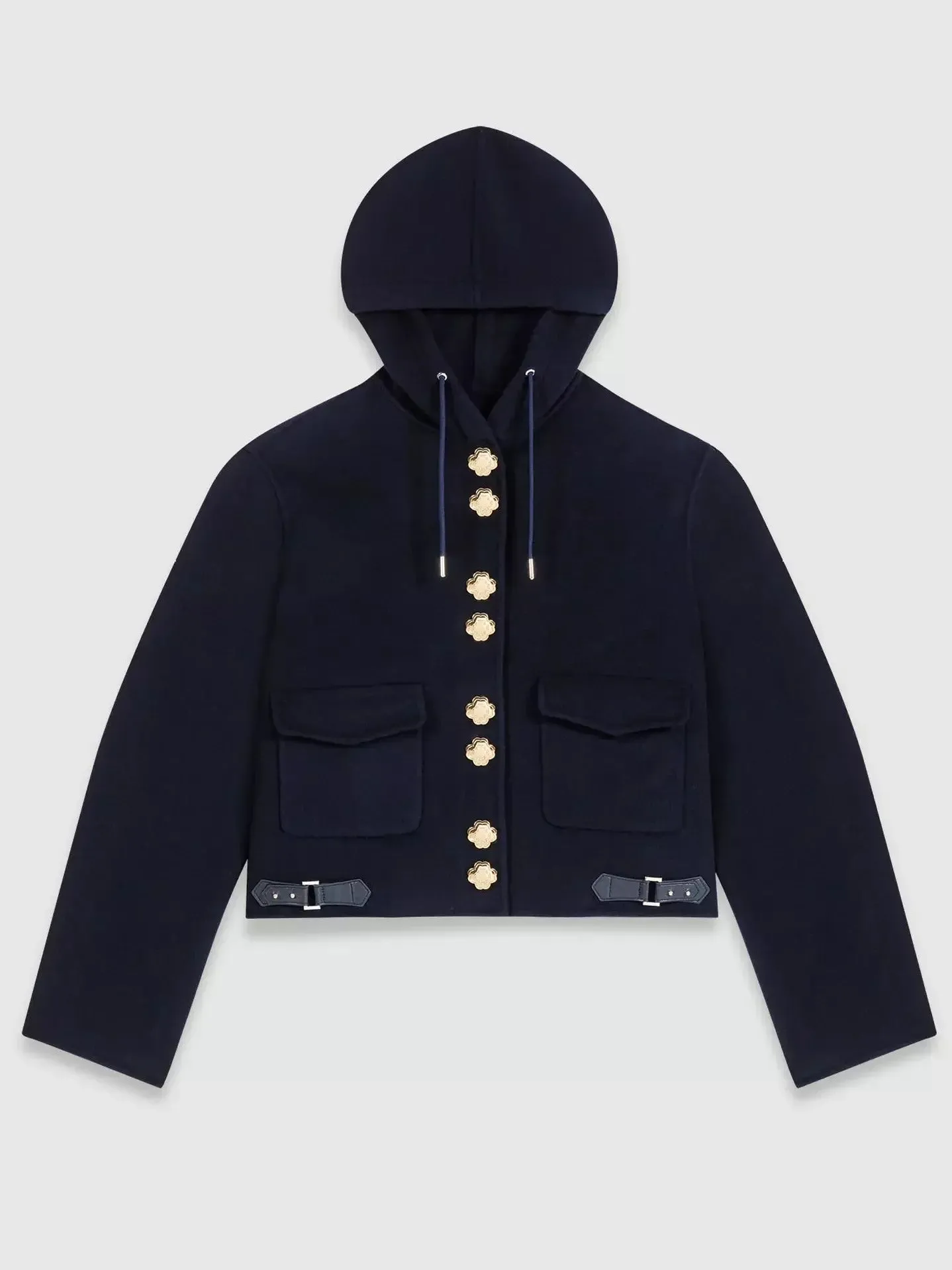 Buckled Cropped Hooded Jacket with Gold Buttons
