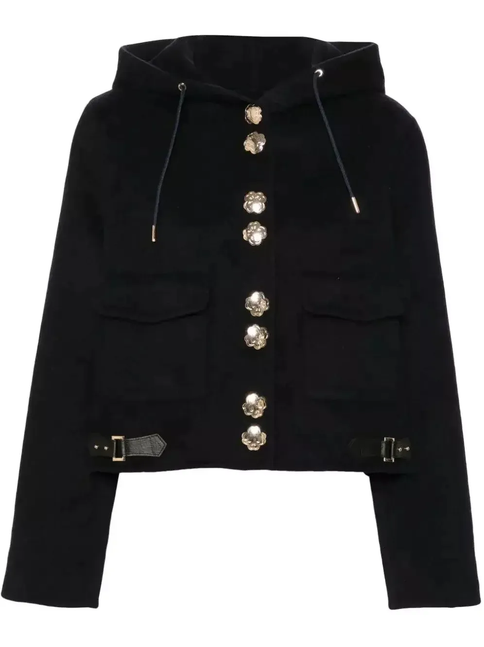 Buckled Cropped Hooded Jacket with Gold Buttons