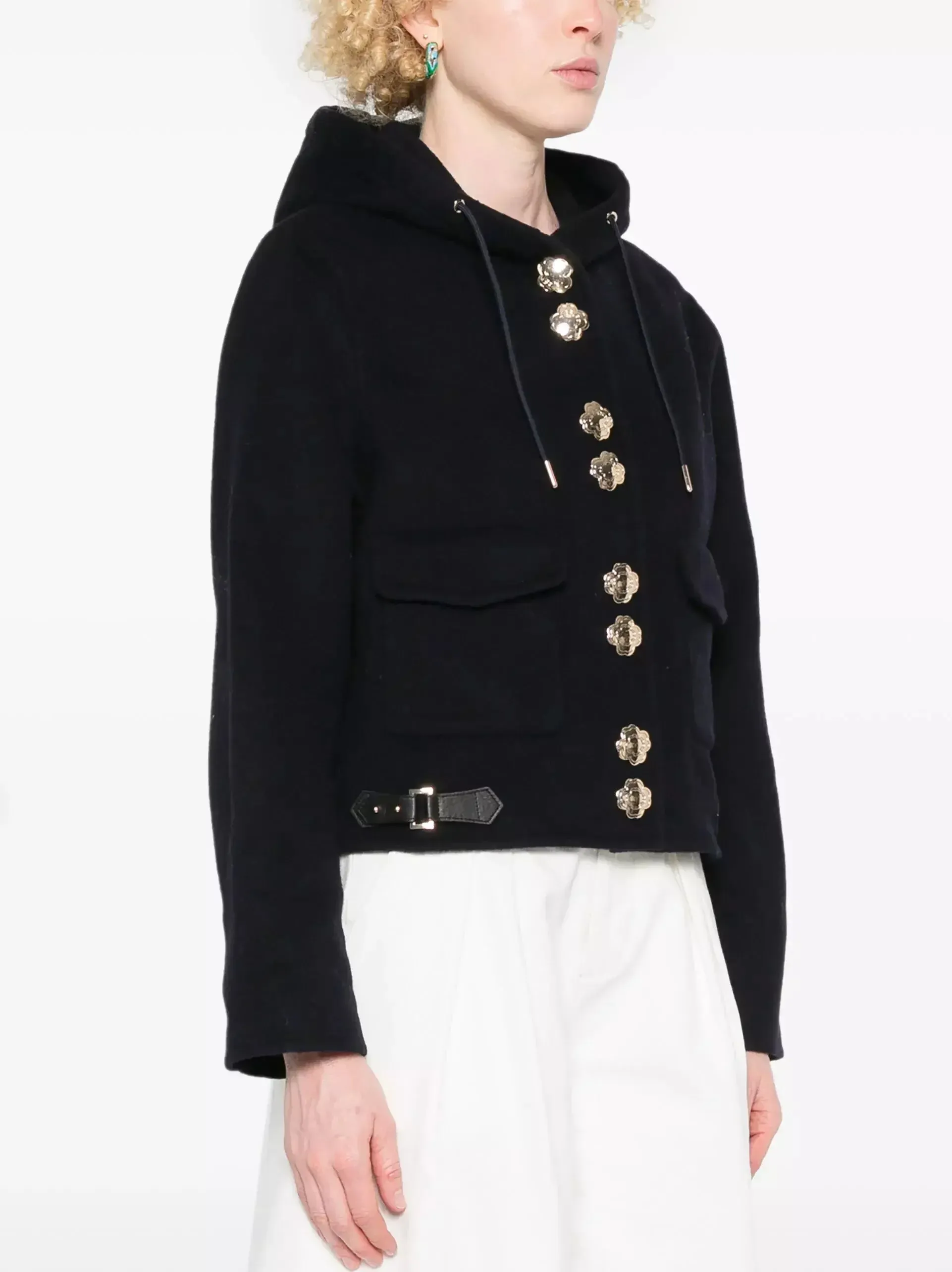 Buckled Cropped Hooded Jacket with Gold Buttons