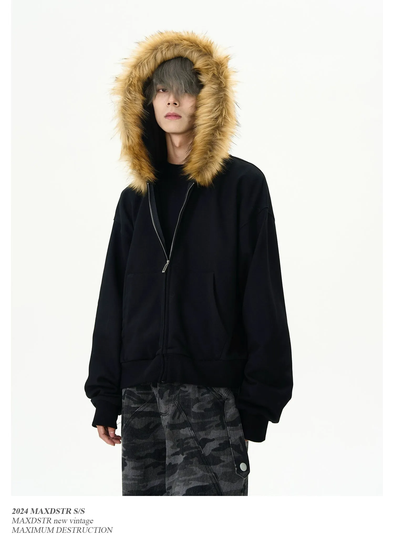 Casual Fit Fur Collar Zip-Up Hoodie
