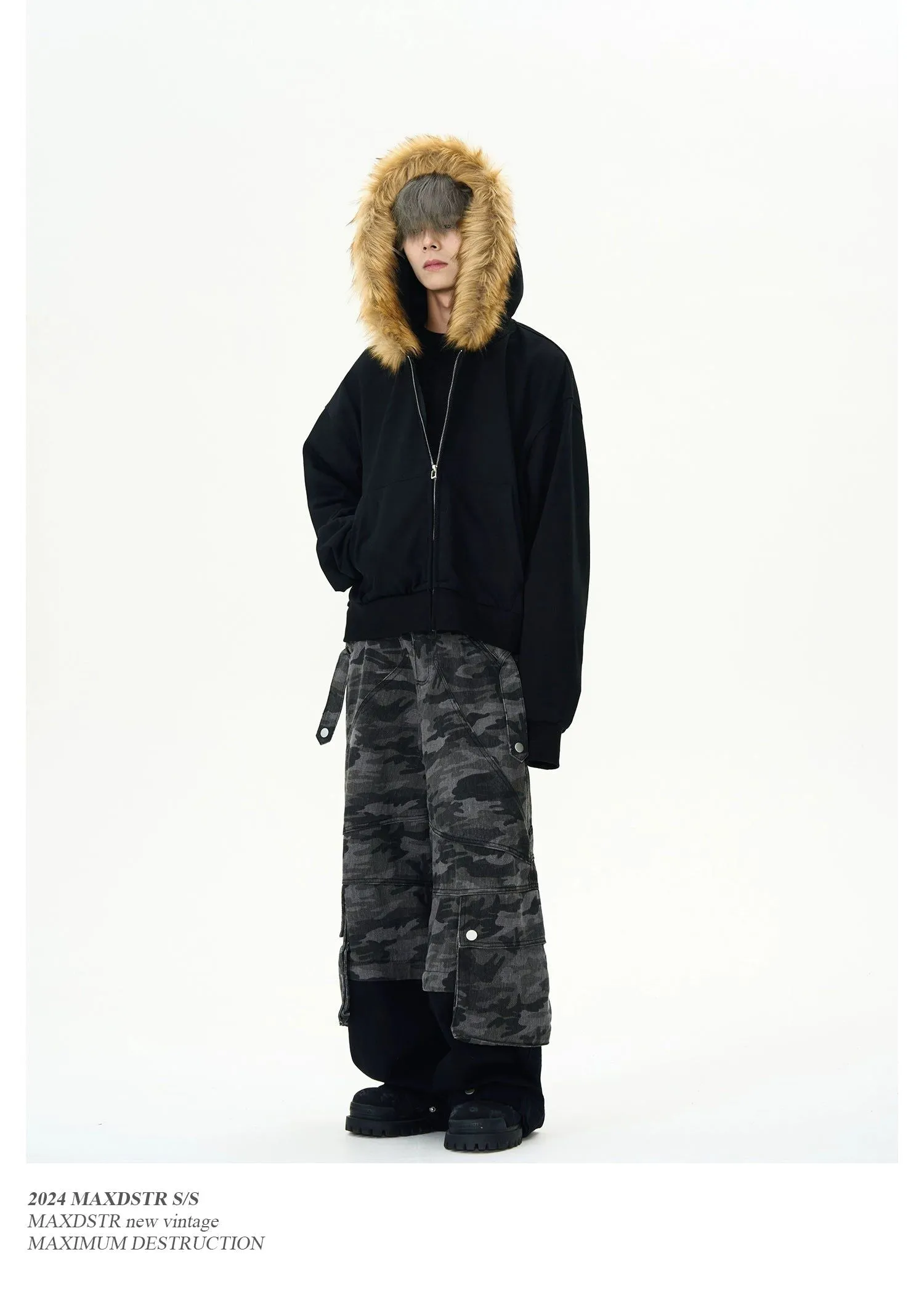 Casual Fit Fur Collar Zip-Up Hoodie