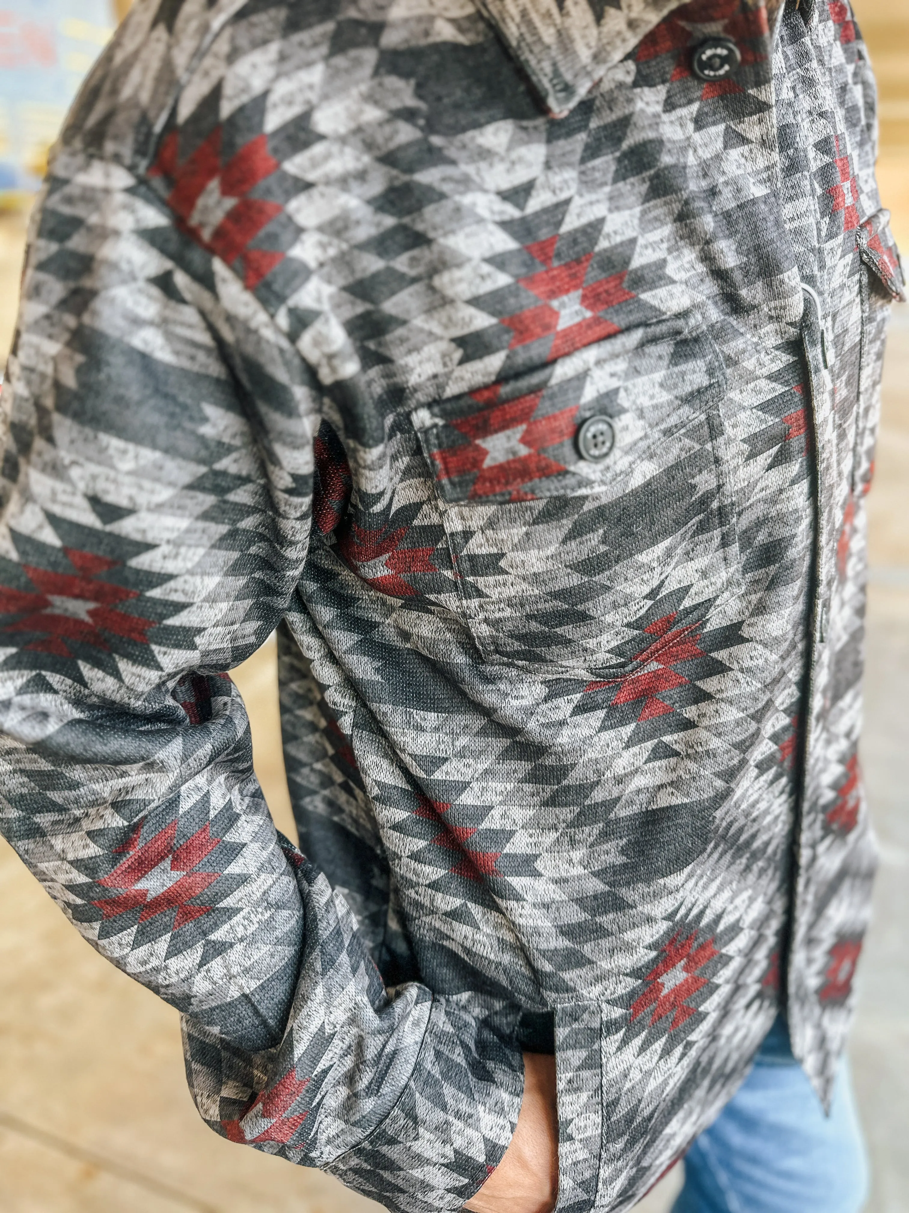 Charcoal Grey & Maroon Caldwell Printed Shacket