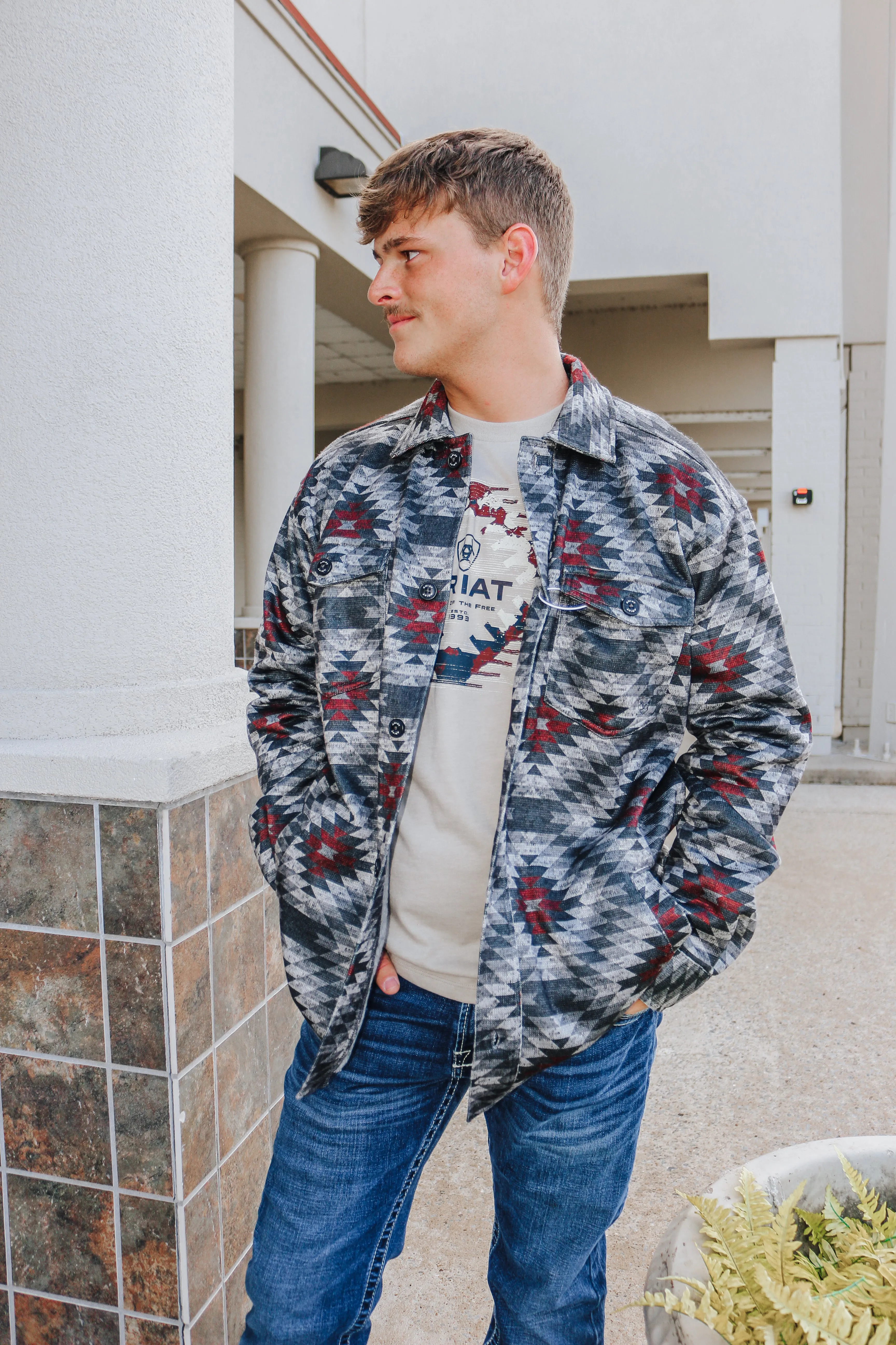 Charcoal Grey & Maroon Caldwell Printed Shacket
