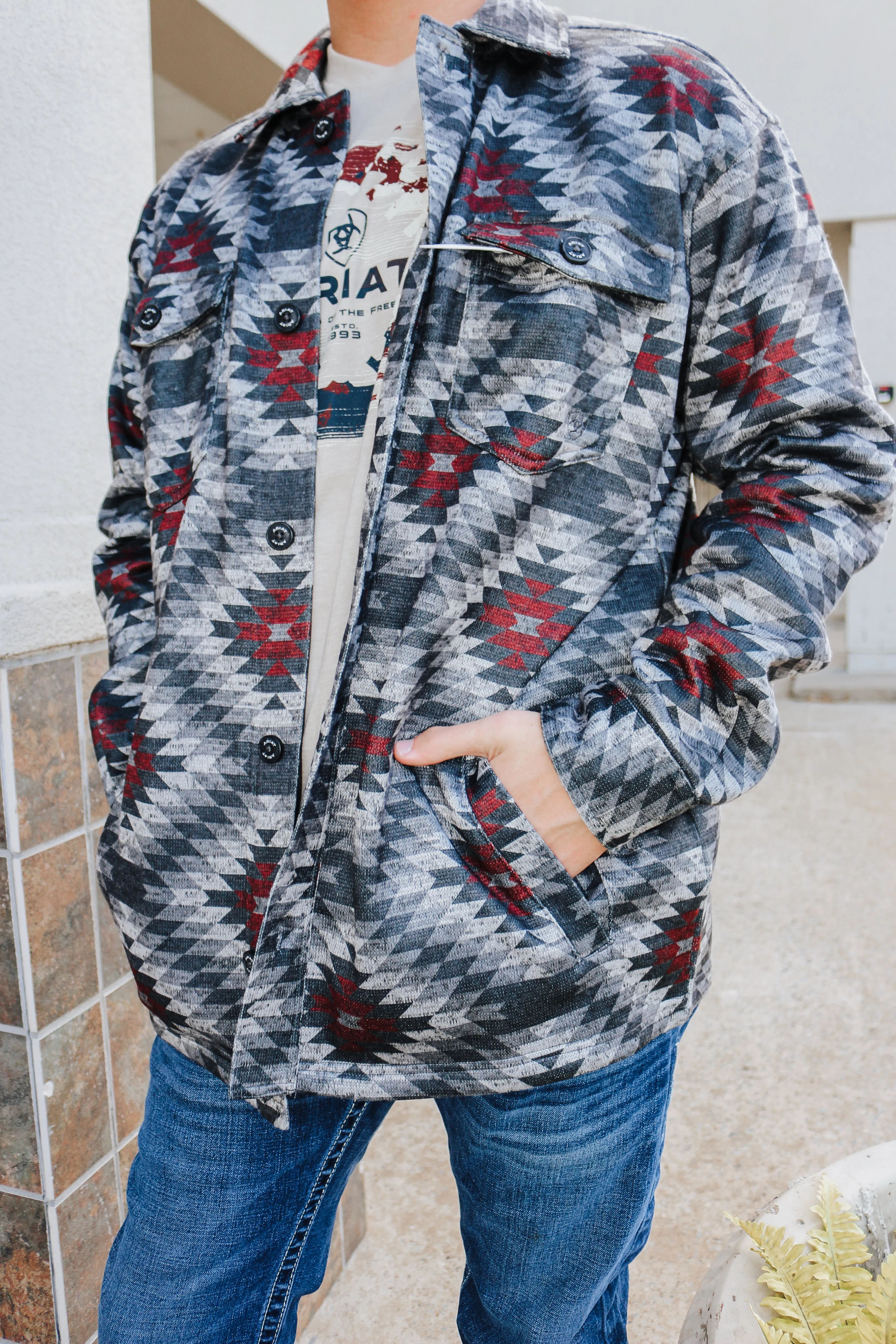 Charcoal Grey & Maroon Caldwell Printed Shacket