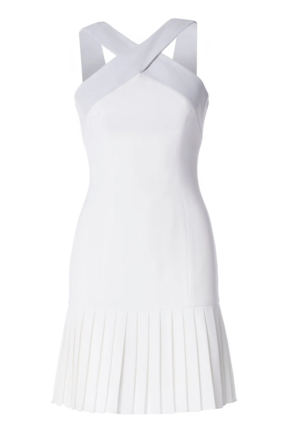 CROSS NECK LEATHER HALTER DRESS WITH GLADIATOR SKIRT