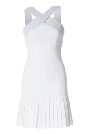 CROSS NECK LEATHER HALTER DRESS WITH GLADIATOR SKIRT