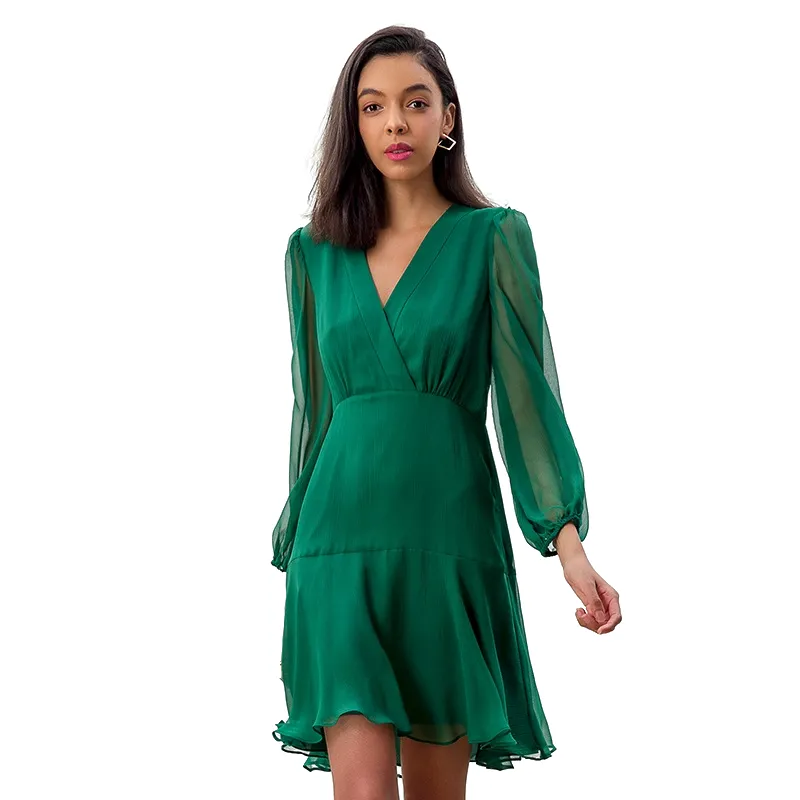 D272 Women silk crinkle chiffon long puff sleeves flounced mini dress
