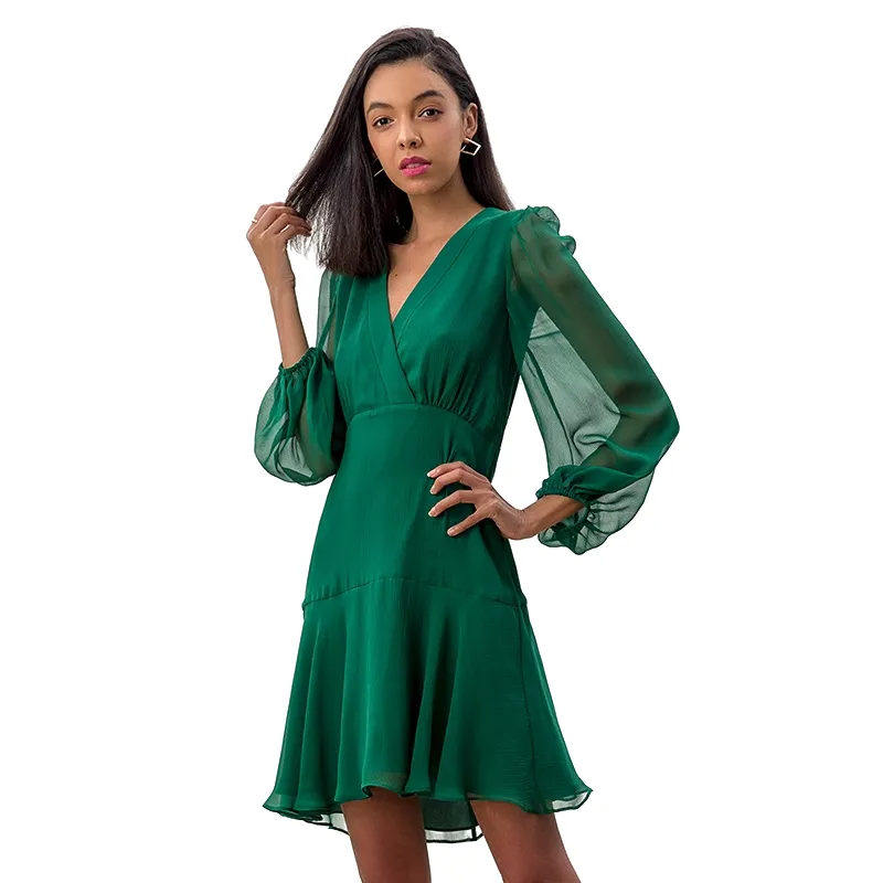 D272 Women silk crinkle chiffon long puff sleeves flounced mini dress