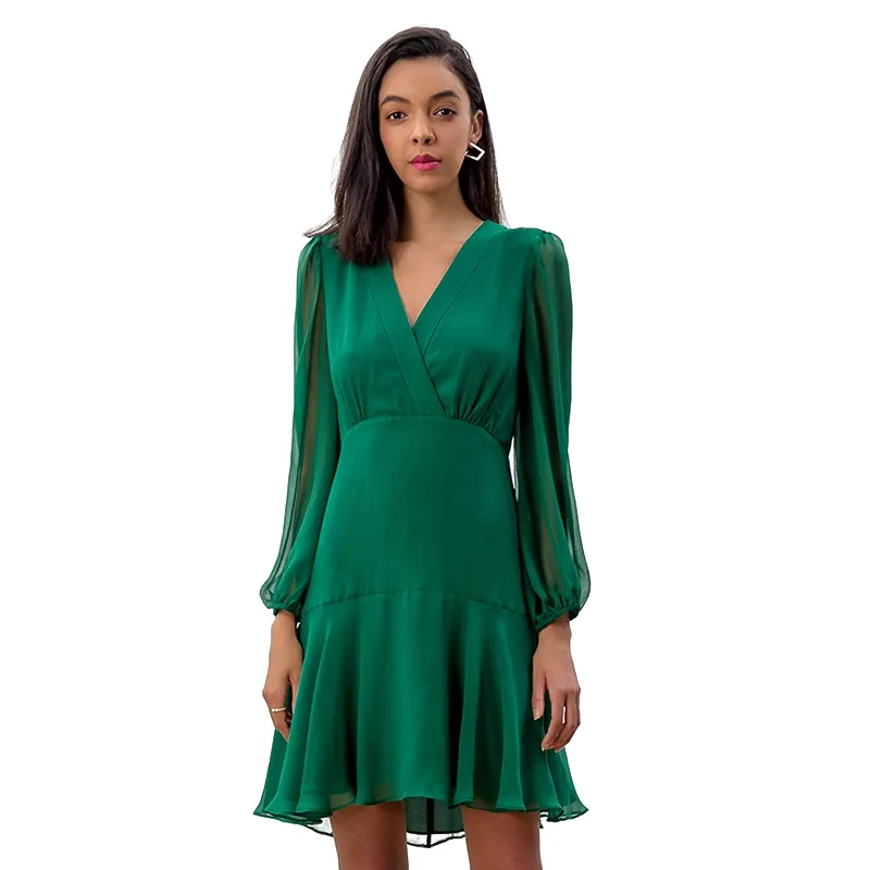 D272 Women silk crinkle chiffon long puff sleeves flounced mini dress
