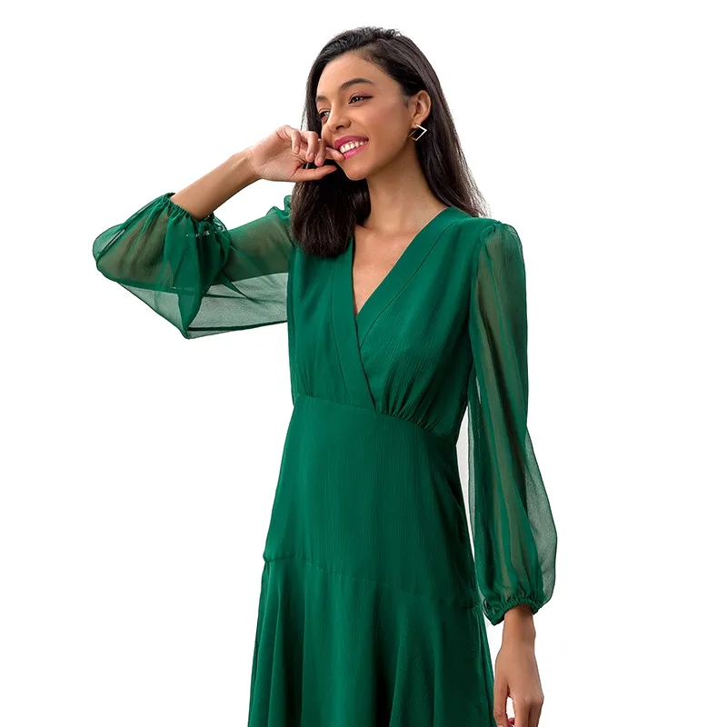 D272 Women silk crinkle chiffon long puff sleeves flounced mini dress