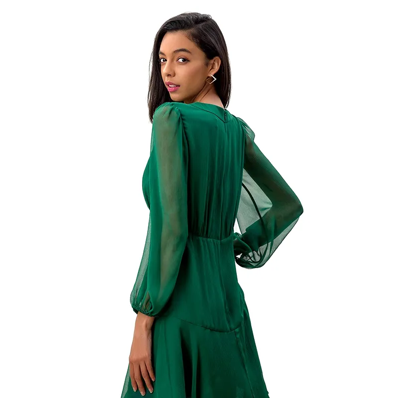 D272 Women silk crinkle chiffon long puff sleeves flounced mini dress