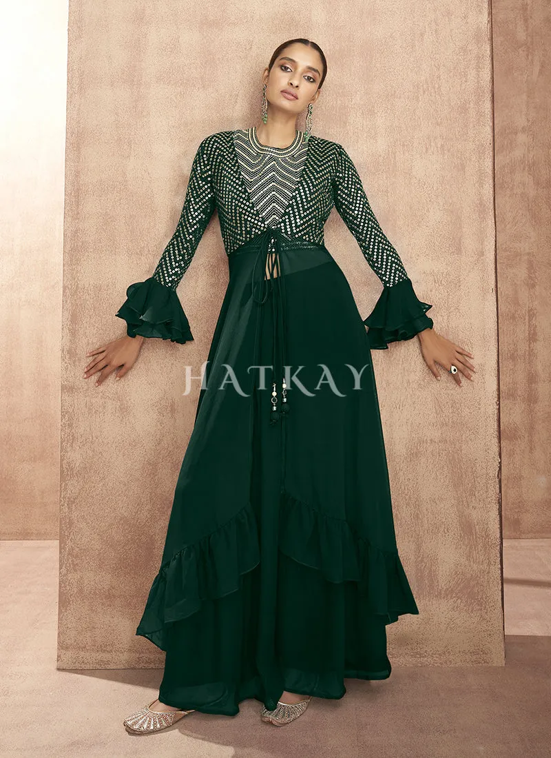 Dark Green Sequence Embroidered Palazzo Suit And Jacket