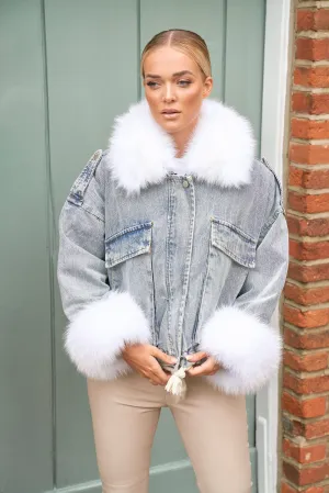 Denim Jacket With White Fox Collar and Cuffs