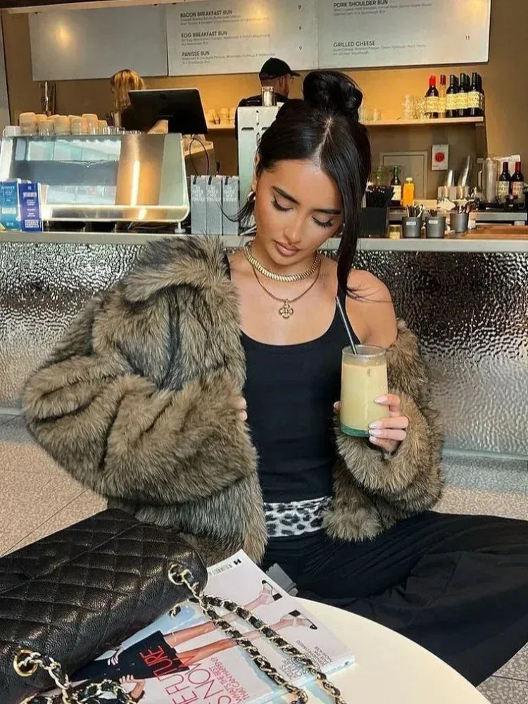 Fashionkova Christmas Gift Outfit Luxurious Classic Lapel Gradient Warm Faux Fur Coat Chic Lady Loose Fluffy Short Cardigan Jacket 2025 New Woman Streetwear
