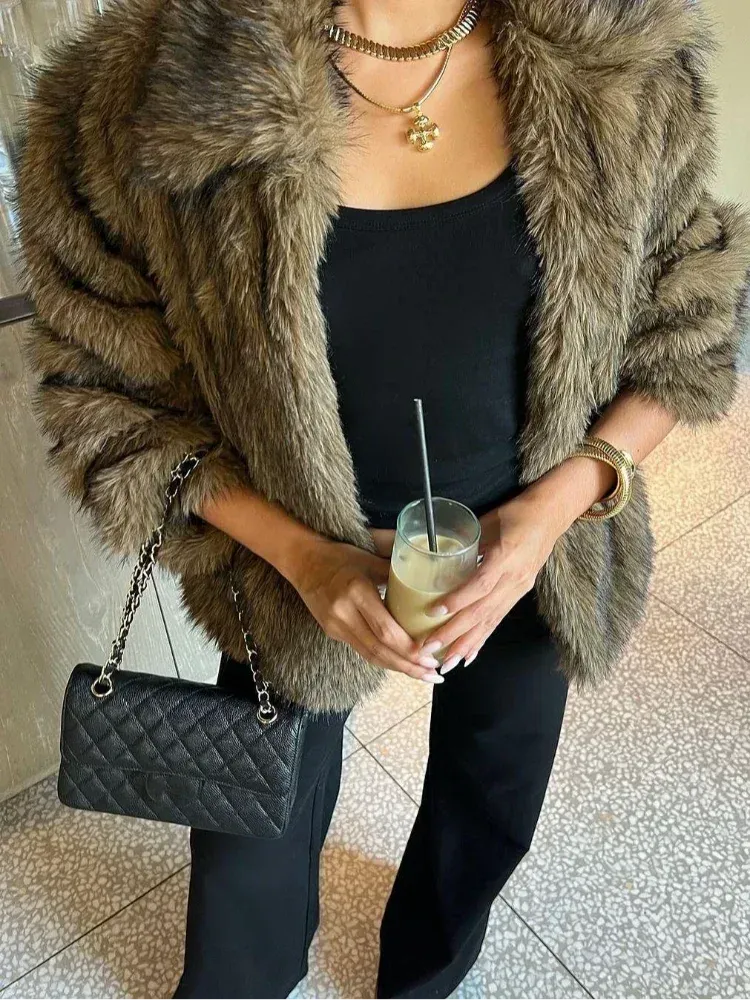 Fashionkova Christmas Gift Outfit Luxurious Classic Lapel Gradient Warm Faux Fur Coat Chic Lady Loose Fluffy Short Cardigan Jacket 2025 New Woman Streetwear