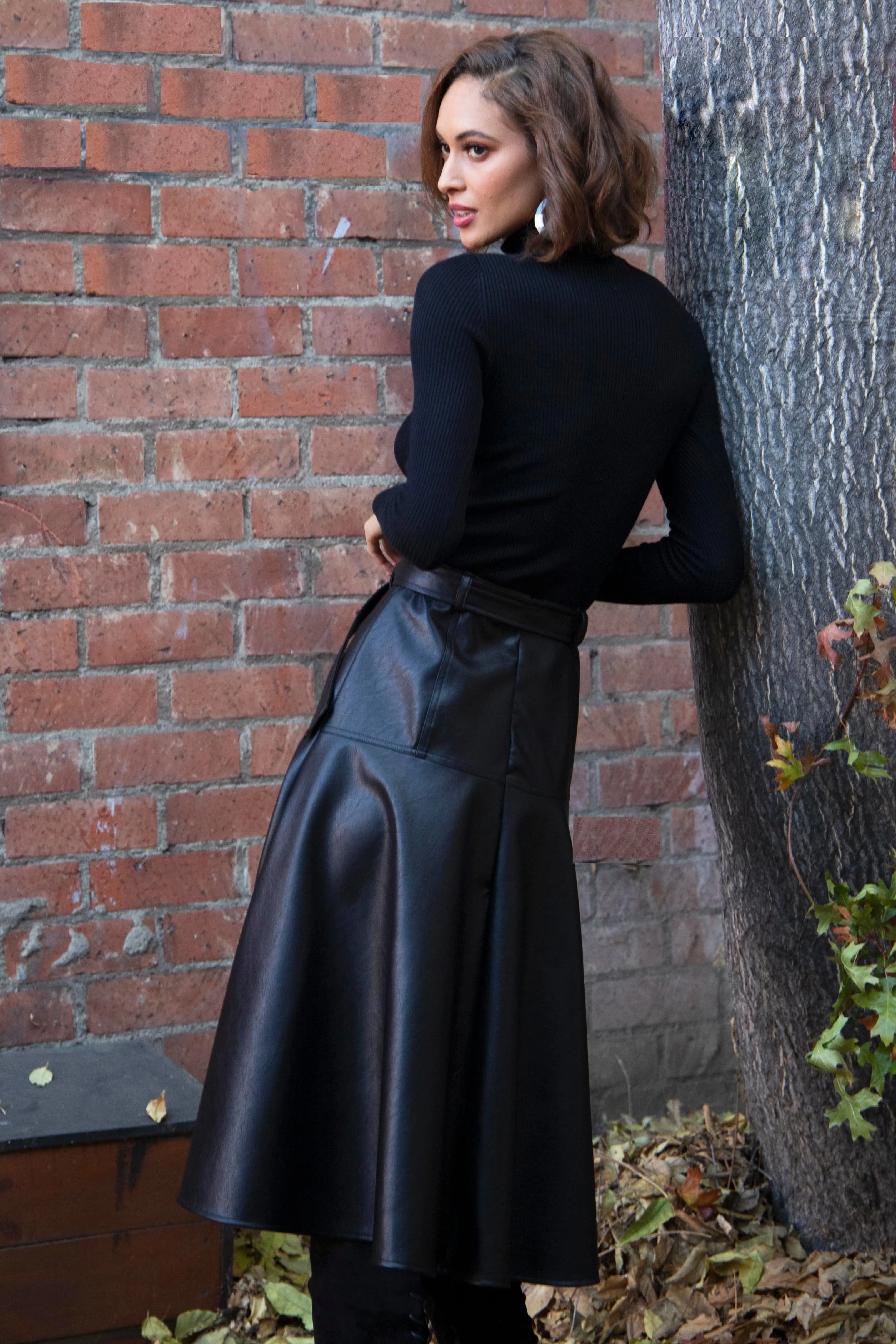 Faux Leather Belted Midi Allas Skirt