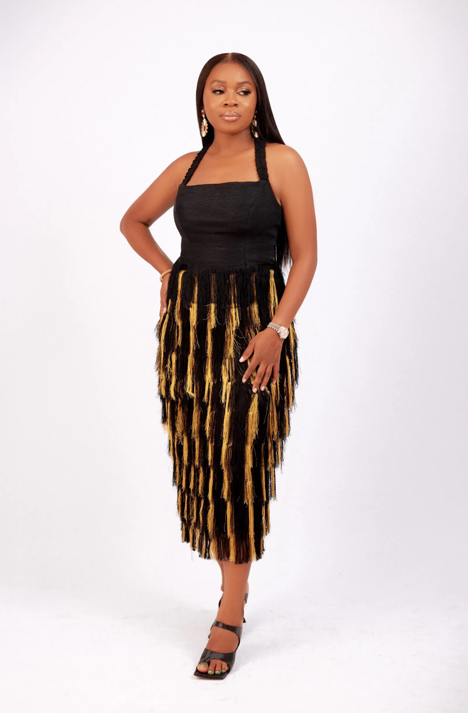 For Style Sake Alayo Fringe Aso-oke Midi Skirt (Gold)