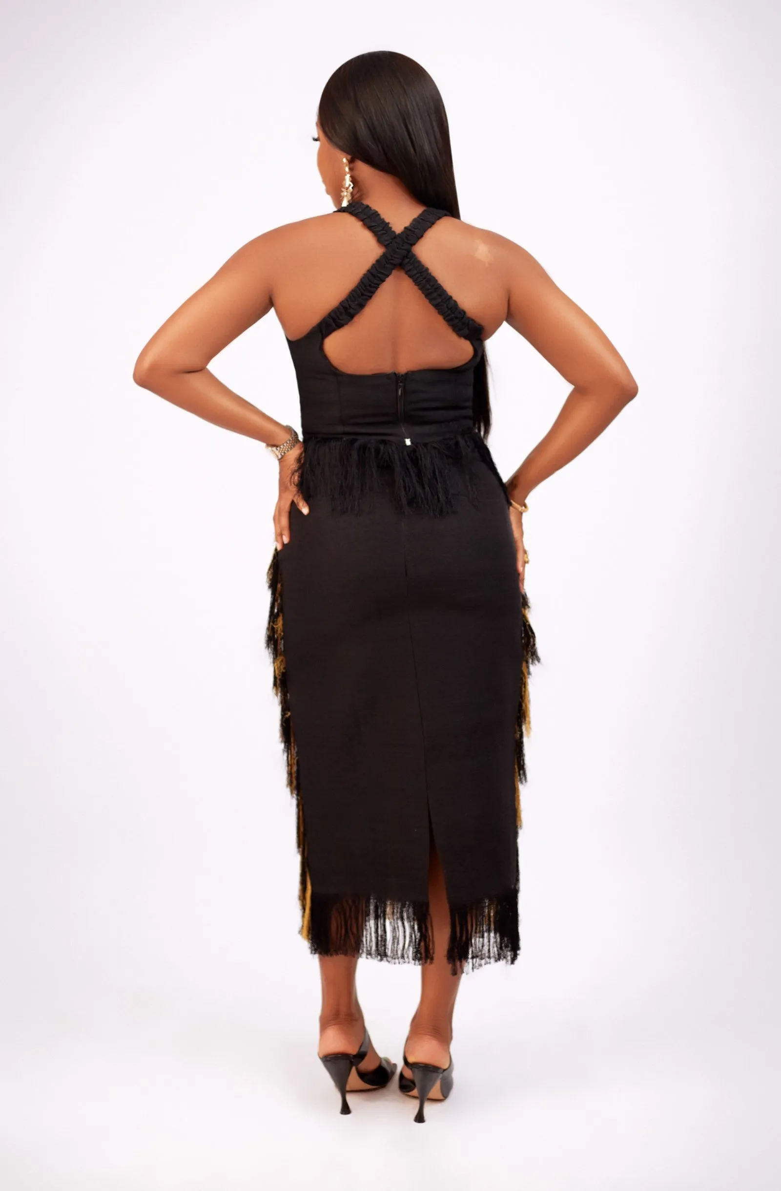 For Style Sake Alayo Fringe Aso-oke Midi Skirt (Gold)