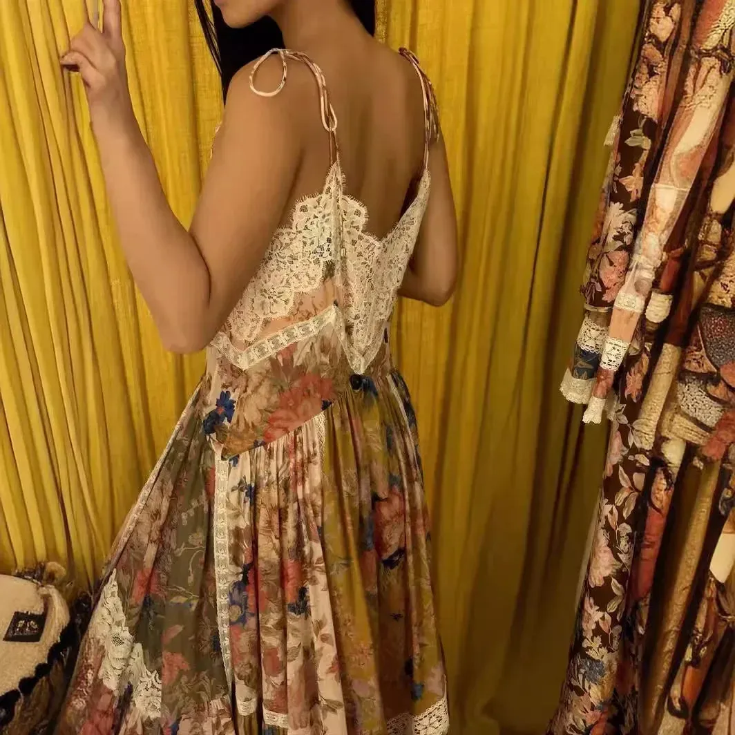 French Print Patchwork Lace Tie Slip Dress